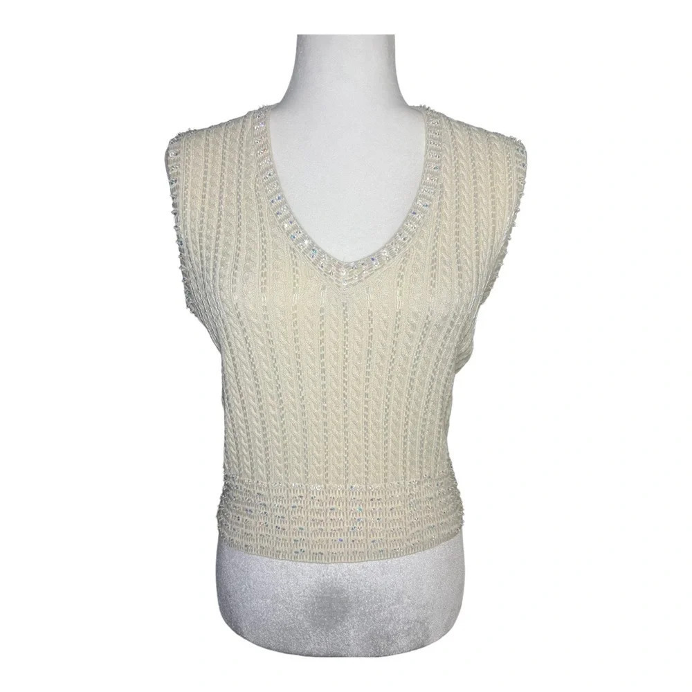 Vintage Beaded Knit Sweater Vest | Y2K Glam Classic | Deadstock Small Vie - Picture 1 of 7